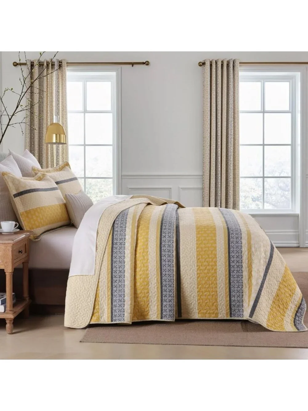 Lightweight Queen Quilt Bedding Set - Yellow Black Grey Striped Comforter, 3